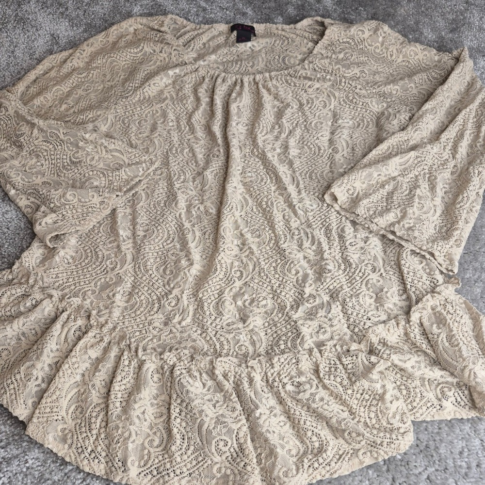 Its Pink Womens 2X Beige Floral Lace Peasant Blouse Bell Sleeve Ruffle Hem Boho